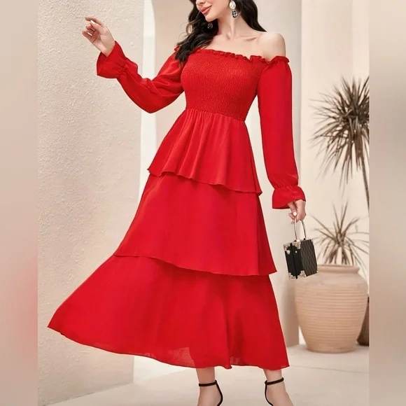 Red Off-Shoulder Tiered Maxi Dress – NWOT – Size L - Picture 1 of 6
